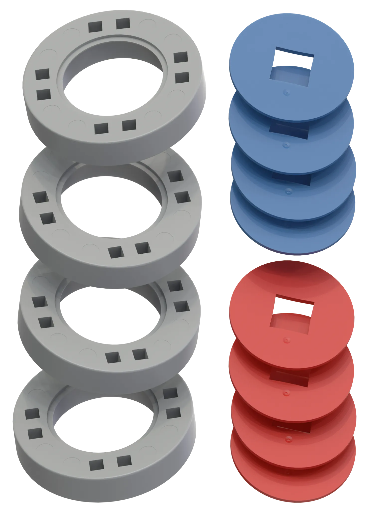 BIG Hjul – 4 Grå hjul med 4 blå och 4 röda navkapslar